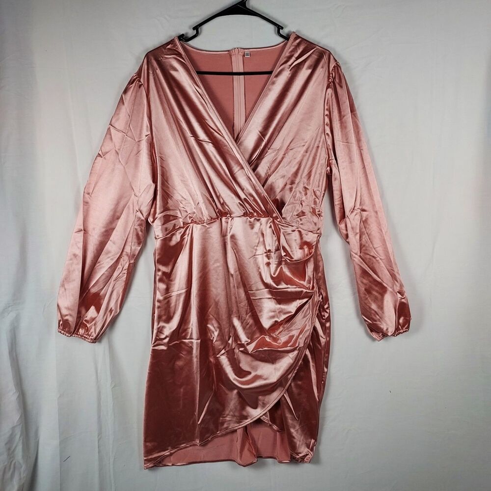 Yajedo Satin V-Neck Dress Size XXL Pink Party/Cocktail Long Sleeve New